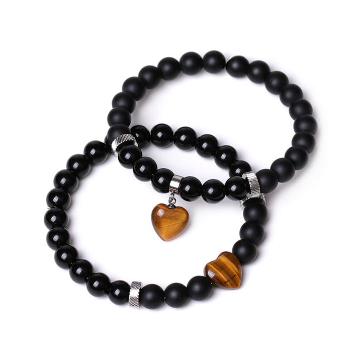 Buddha Stones 2-teiliges schwarzes Onyx-Kristall-Stein-Liebes-Herz-Schutz-Unterstützungs-Paar-Armband