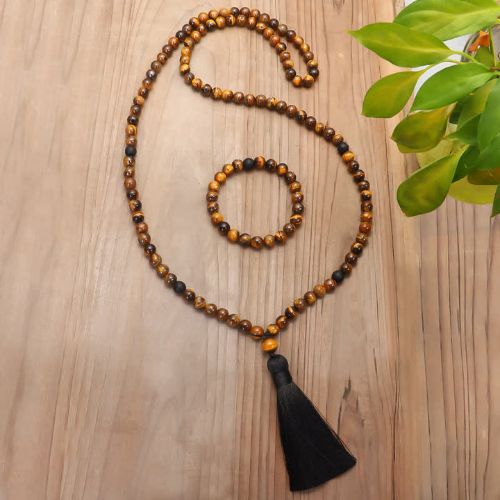 Buddha Stones 108 Perlen Mala Tigeraugenschutz Quastenarmband