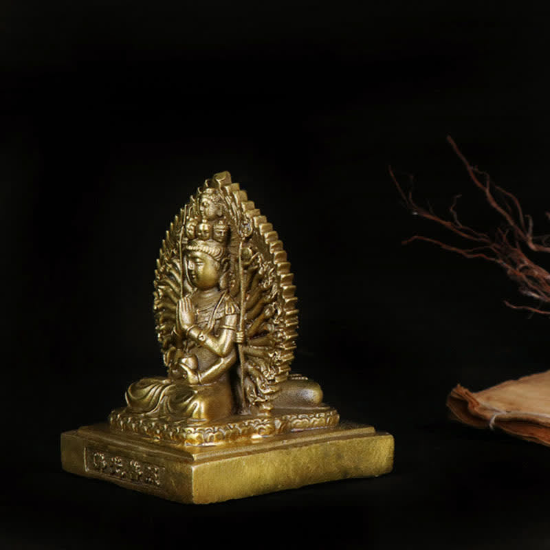 Chenrezig Tausendhändige Avalokitesvara-Figur, doppelseitiger Kuan-Yin-Bodhisattva-Schutz, massive Kupferstatue, Dekoration