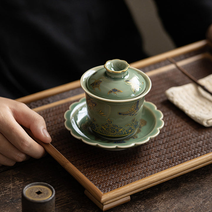 Buddha Stones, grünes Porzellan, Schmetterlingsblume, Lachsfisch, Keramik, Gaiwan, Sancai, Teetasse, Kung-Fu-Teetasse und Untertasse mit Deckel