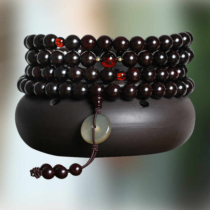 Buddha Stones, 108 Mala-Perlen, 4,8 Sterne, mit goldenem Stern, indisches kleines Blatt, rotes Sandelholz, Bernstein, Türkis, chinesisches Knoten-Segen-Armband