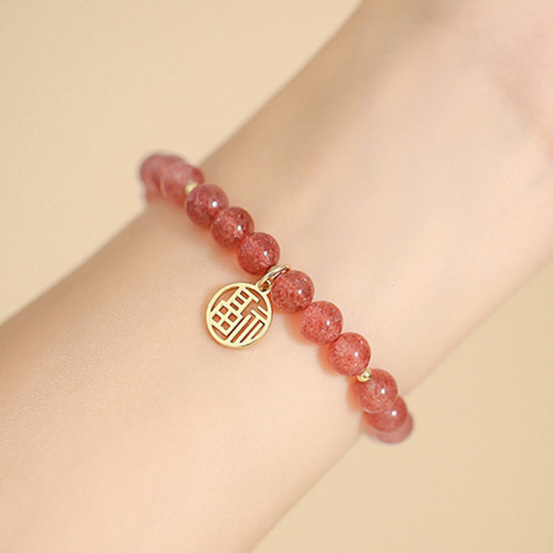 Buddha Stones 14K vergoldetes Erdbeerquarz-Fu-Charakter-Heilungs-Charm-Armband