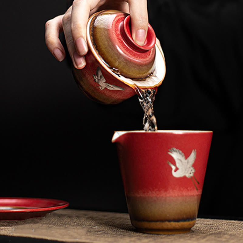 Buddha Stones, roter verheißungsvoller Kranich, Keramik, Gaiwan-Sancai-Teetasse, Kung-Fu-Teetasse und Untertasse mit Deckel