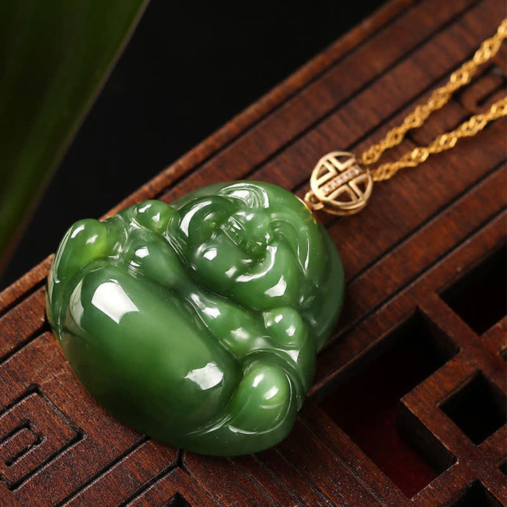 925 Sterling Silber Lachender Buddha Hetian Cyan Jade 18K Gold Success Halskette Kettenanhänger