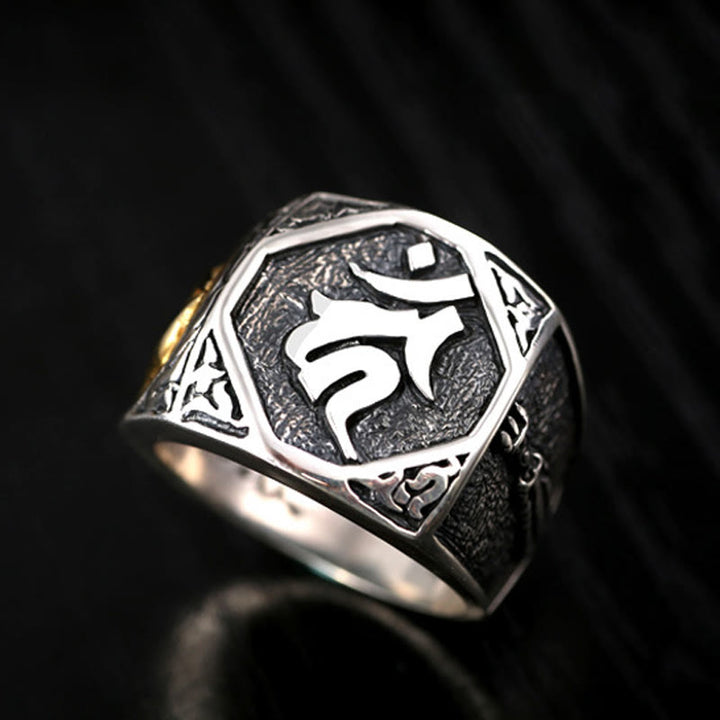 Verstellbarer Ring aus 925er-Sterlingsilber mit Buddha Stonesn, Sanskrit-Design, geschnitzter Schutz