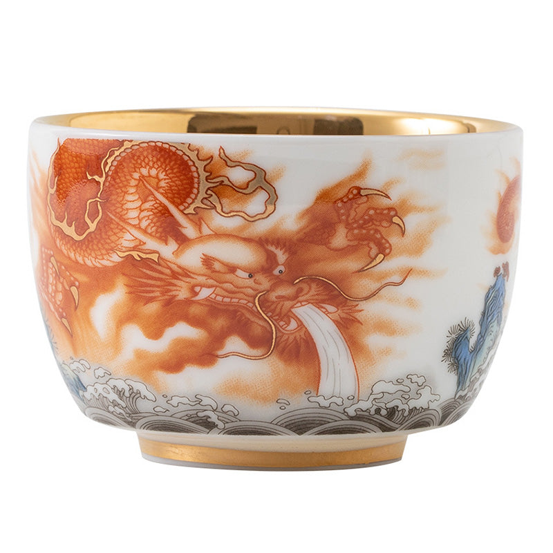 Buddha Stones, Drache, Phönix, Kranich, Sonne, Ozean, Wellen, vergoldete Keramik-Teetasse, Kung-Fu-Teetasse, 170 ml
