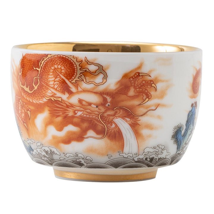 Buddha Stones, Drache, Phönix, Kranich, Sonne, Ozean, Wellen, vergoldete Keramik-Teetasse, Kung-Fu-Teetasse, 170 ml