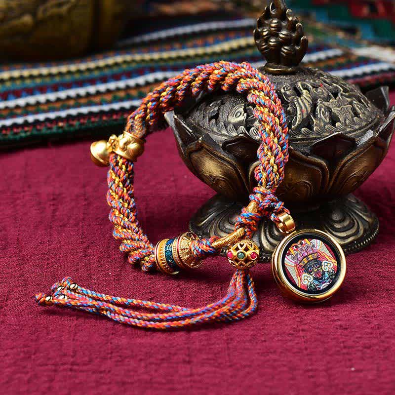 Tibetisches handgefertigtes Glücksschutz-Thangka-Gebetsrad mit Glocke, geflochtenes Armband