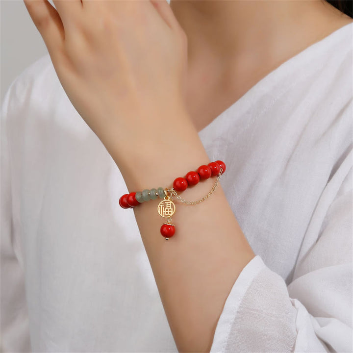 Buddha Stones Cinnabar Auspicious Fu Character Jade Calm Armband