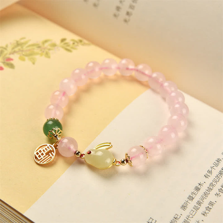 Armband „Jahr des Kaninchens“, natürliches rosa Kristallgrünes Achat-Häschen-Liebes-Glück-Armband