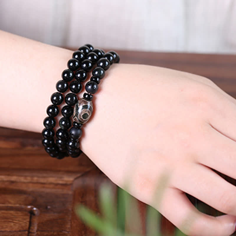 108 Perlen, schwarzer Obsidian, Dzi-Perle, Tigerauge-Achat, heilendes Mala-Armband