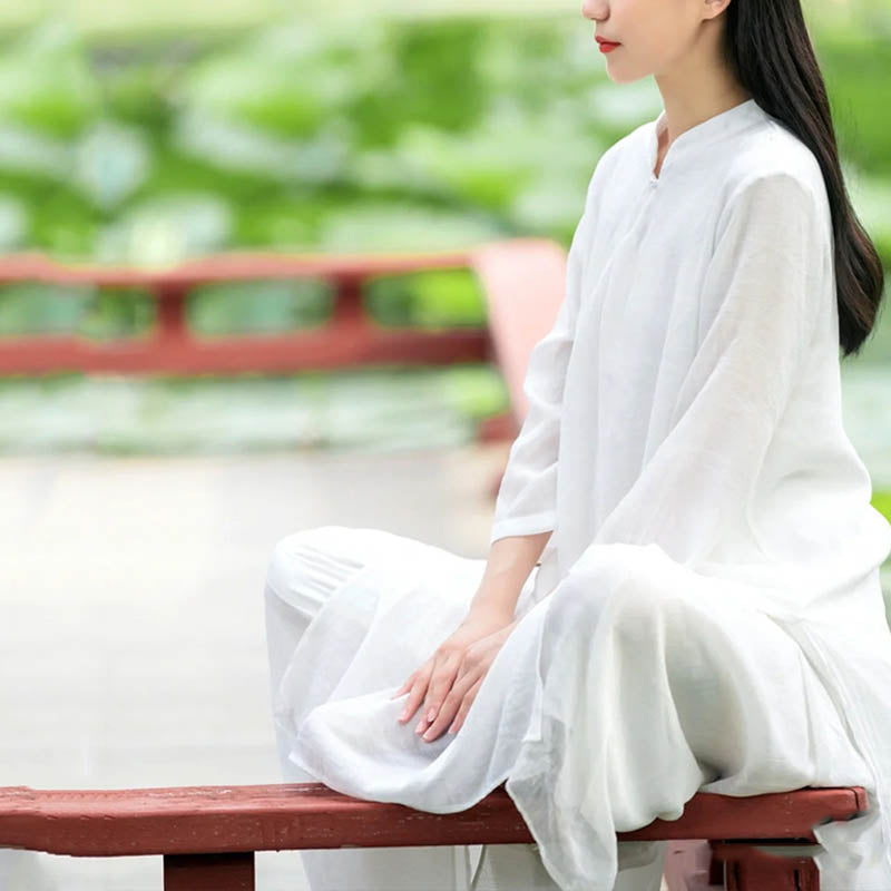 Buddha Stones 2-teiliges Weiß Tai Chi Meditation Yoga Zen Baumwolle Leinen Kleidung Top Hosen Damen Set