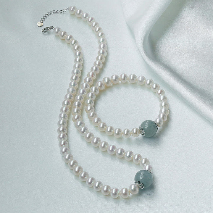 Buddha Stones 925 Sterling Silber natürliche Perle Hetian Jade Aquamarin Weisheit Aufrichtigkeit Halskette Anhänger Armband