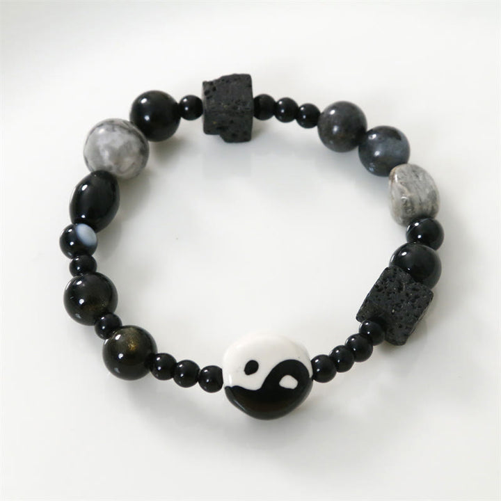 Buddha Stones Schwarzes Onyx-Picasso-Jaspis-Perlen-Yin-Yang-Glücksschutz-Armband