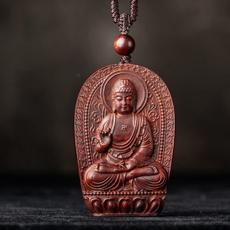 Chinesischer Sternzeichen-Natal-Buddha, kleines Blatt, rotes Sandelholz, Lotus-Schutz-Halsketten-Anhänger