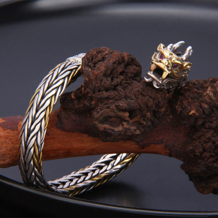 Armband aus 925er-Sterlingsilber mit Buddha Stonesn, Jahr des Drachen, verheißungsvoller Drache, Schutz aus Metall mit geflochtenem Design