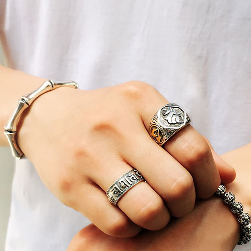 Verstellbarer Ring aus 925er-Sterlingsilber mit Buddha Stonesn, Sanskrit-Design, geschnitzter Schutz