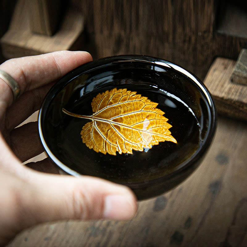 Buddha Stones Gold Maple Leaf Chinesische Jianzhan Keramik Teetasse Tenmoku Kung Fu Teetasse Schüssel