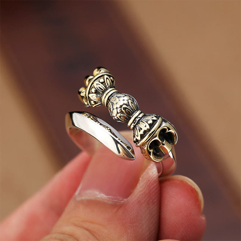 Verstellbarer Ring mit Buddha Stonesn, tibetischem Dorje Vajra, graviertem Design, Kupfer, Glück, Reichtum