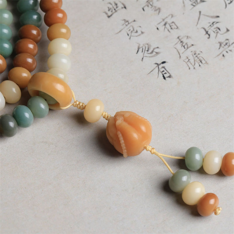 Buddha Stones, 108 Mala-Perlen, Farbverlauf, Bodhi-Samen-Buddha, handgraviertes Friedensarmband