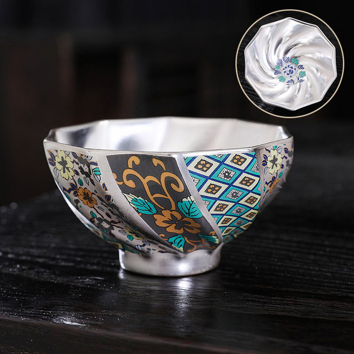 Buddha Stones 999 Sterling Silber Vergoldung Chrysanthemenblüten Keramik Teetasse Kung Fu Teetasse