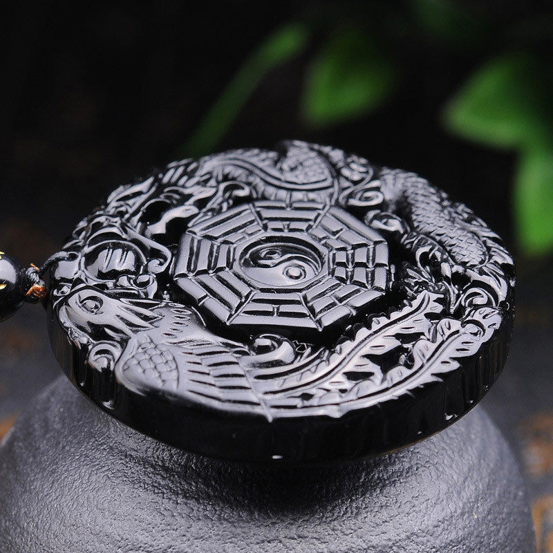 Buddha Stones Bagua Dragon Phoenix Obsidian Erfüllung Anhänger Halskette