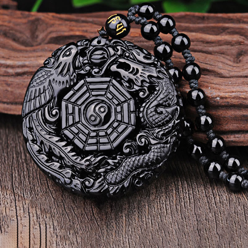 Buddha Stones Bagua Dragon Phoenix Obsidian Erfüllung Anhänger Halskette