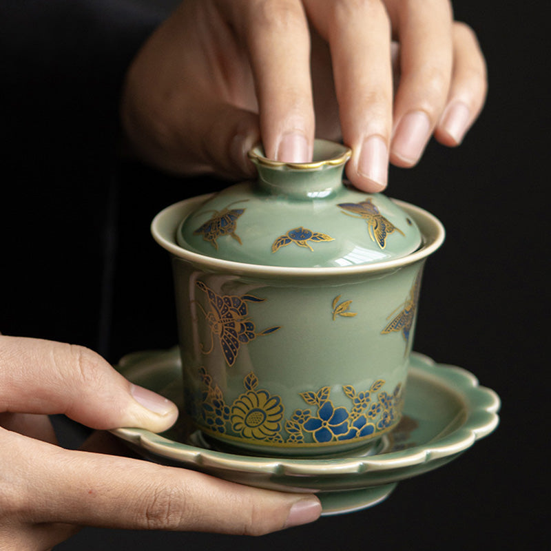 Buddha Stones, grünes Porzellan, Schmetterlingsblume, Lachsfisch, Keramik, Gaiwan, Sancai, Teetasse, Kung-Fu-Teetasse und Untertasse mit Deckel