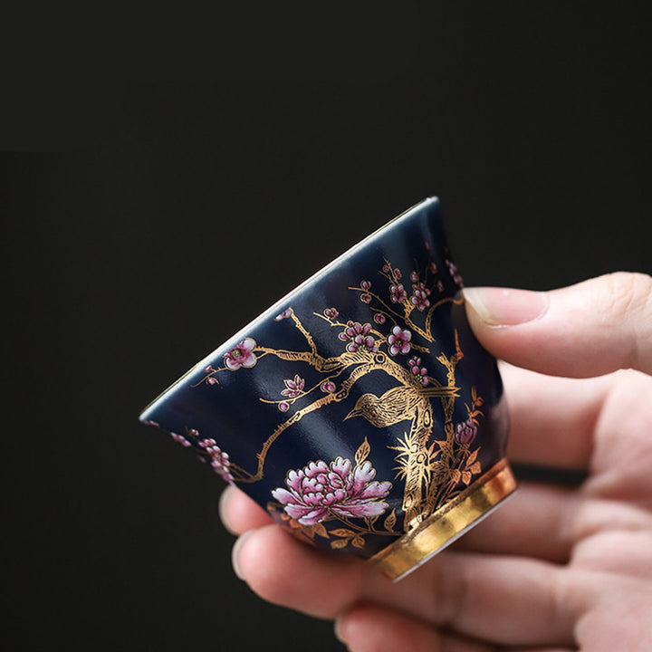 Buddha Stones Golden Elster Pfingstrose Blume Keramik Teetasse Kung Fu Teetasse