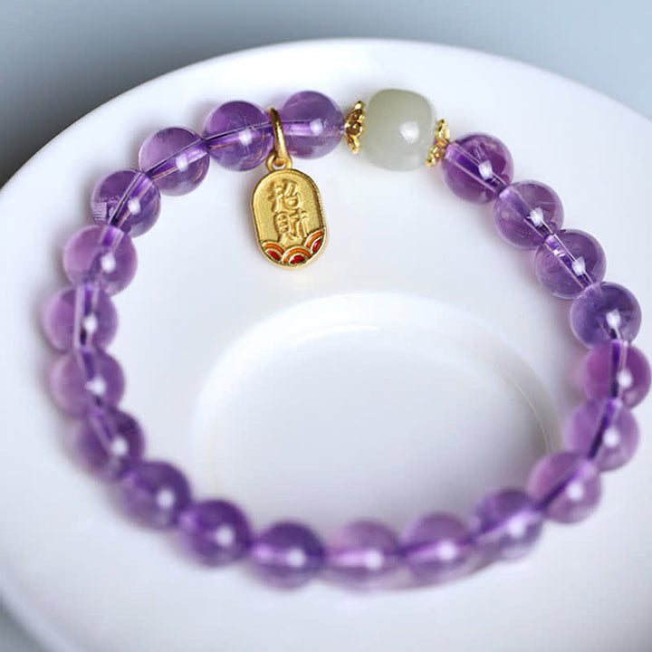 Buddha Stones Natürliches Amethyst-Kristall-Hetian-Jade-Heilungs-Charm-Armband