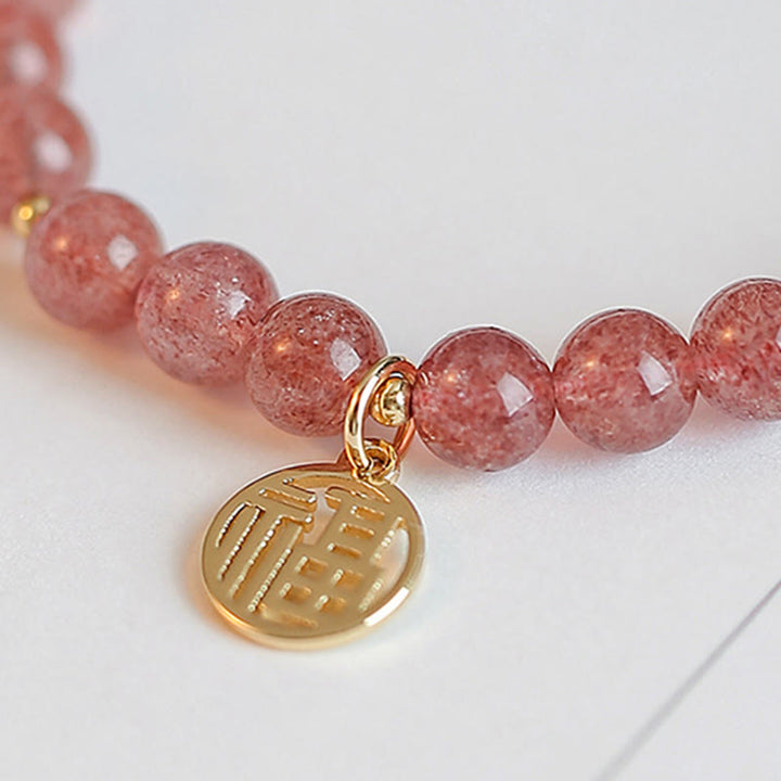 Buddha Stones 14K vergoldetes Erdbeerquarz-Fu-Charakter-Heilungs-Charm-Armband