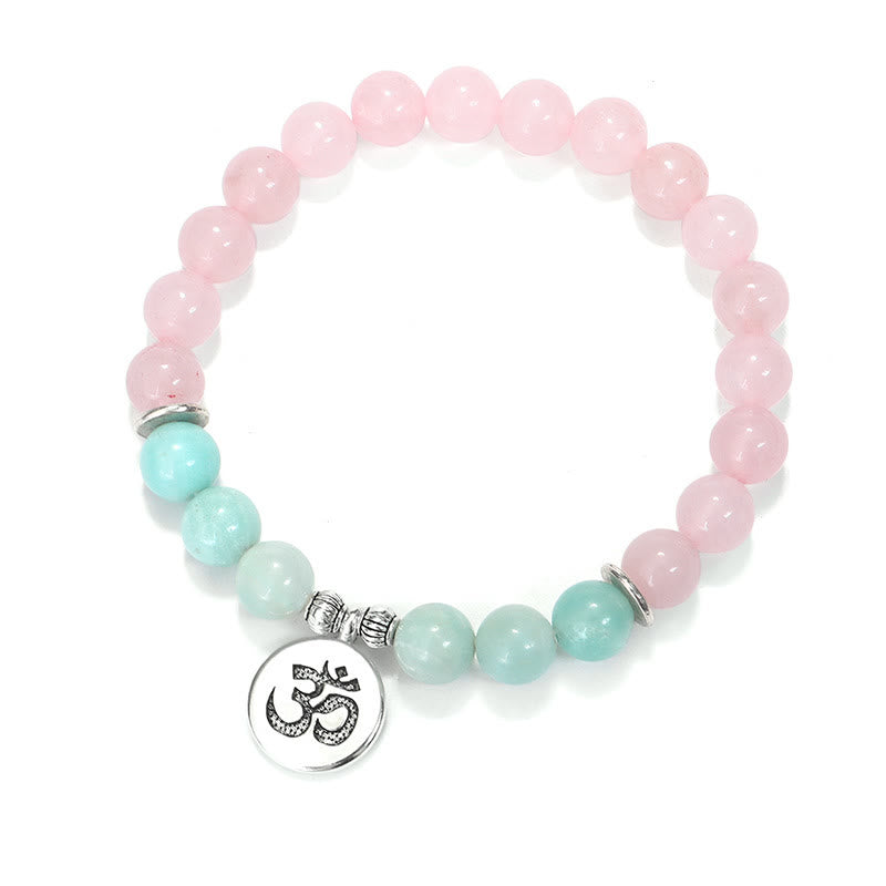 Armband mit Buddha Stonesn, natürlichem rosa Kristall, Amazonit, Lotus, Buddha, OM-Symbol, Wärme