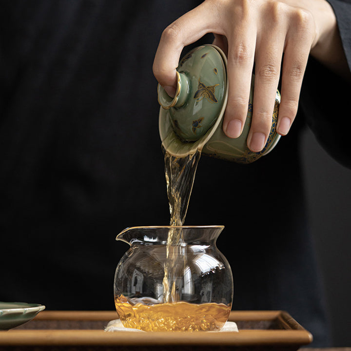 Buddha Stones, grünes Porzellan, Schmetterlingsblume, Lachsfisch, Keramik, Gaiwan, Sancai, Teetasse, Kung-Fu-Teetasse und Untertasse mit Deckel