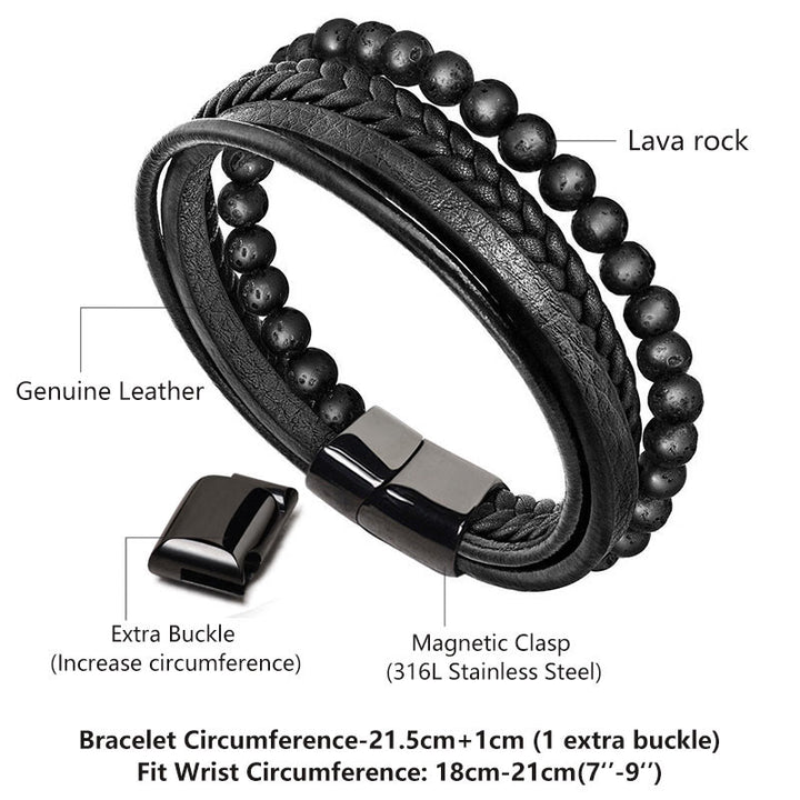 Buddha Stones, natürliches Lavagestein, schwarzes Onyx-Perlen-Lederarmband