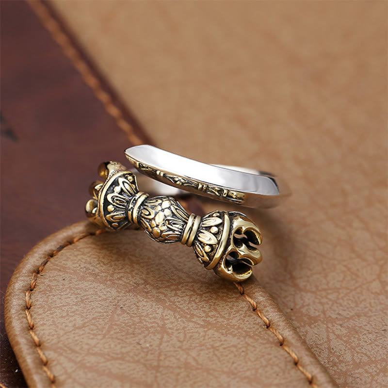 Verstellbarer Ring mit Buddha Stonesn, tibetischem Dorje Vajra, graviertem Design, Kupfer, Glück, Reichtum