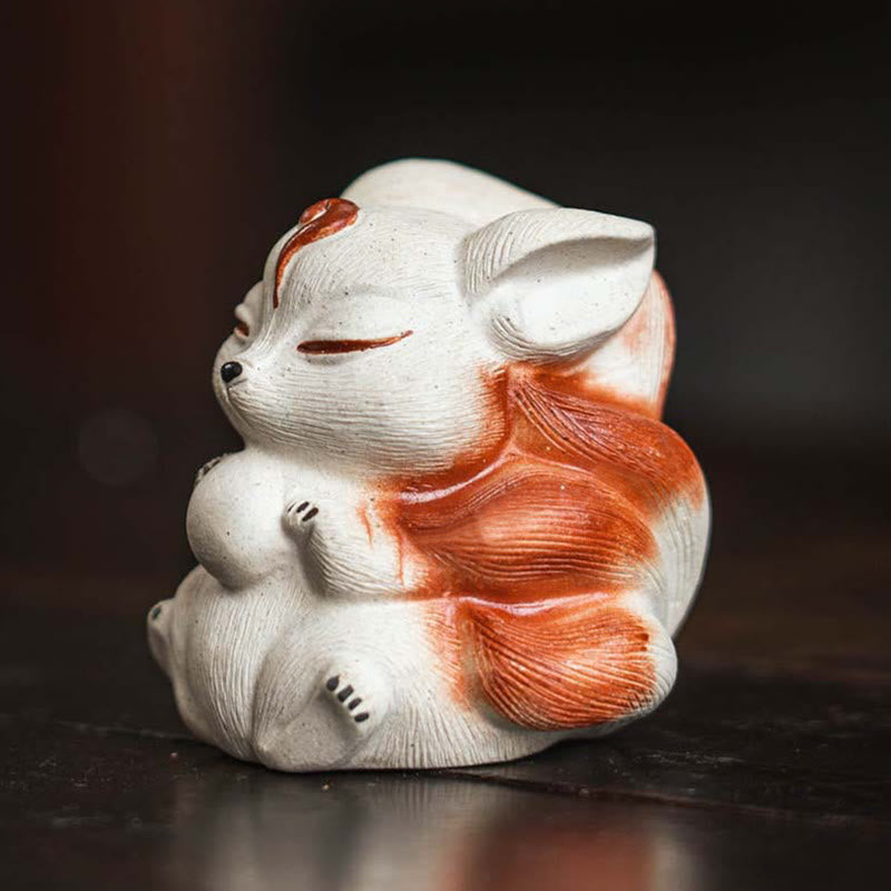 Buddha Stones Mini Neunschwänziger Fuchs Lila Ton Glück Schreibtischdekoration