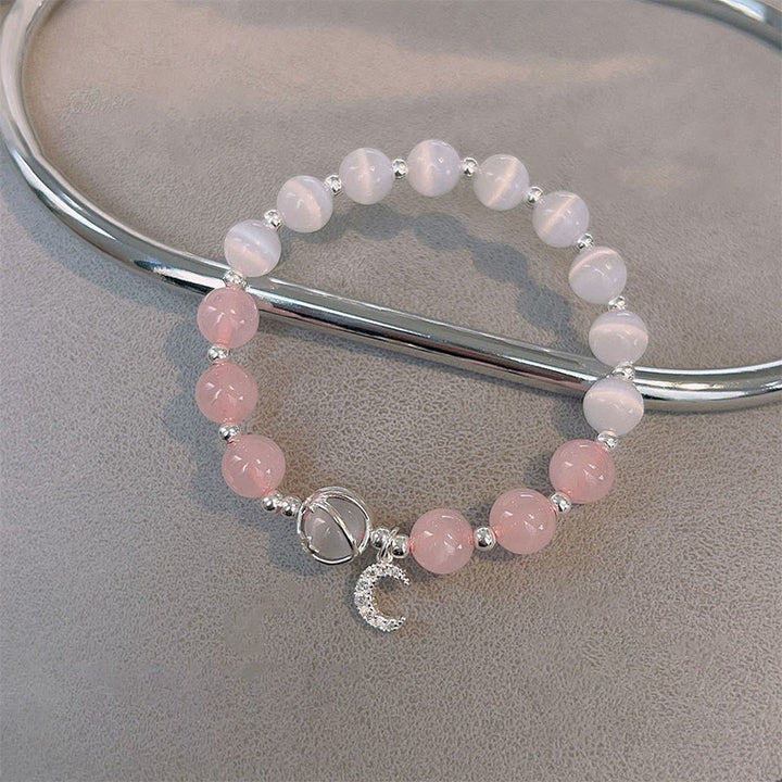 Buddha Stones natürliches Katzenauge-Rosa-Kristall-Mond-Liebes-Charm-Armband