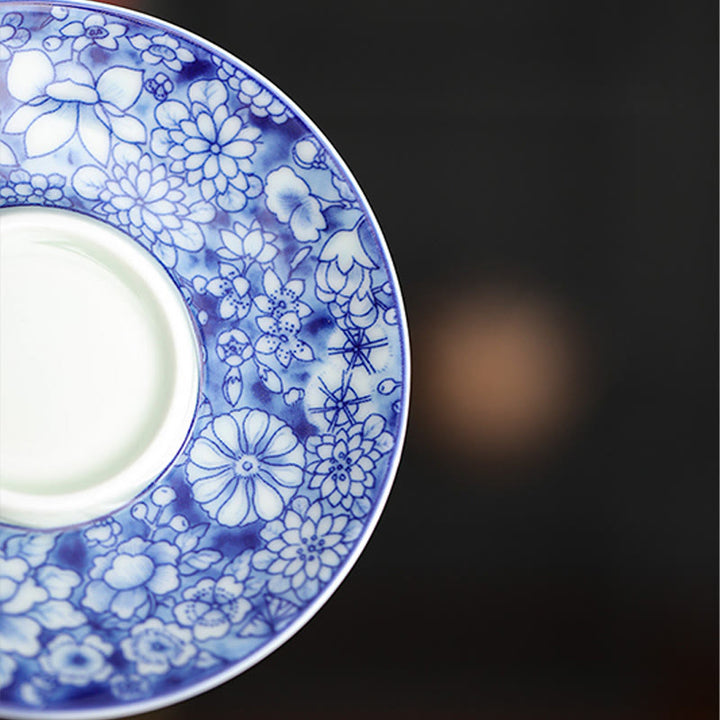 Buddha Stones Vintage blaue und Weiß Porzellan-Keramik-Gaiwan-Sancai-Teetasse Kung-Fu-Teetasse und Untertasse mit Deckel