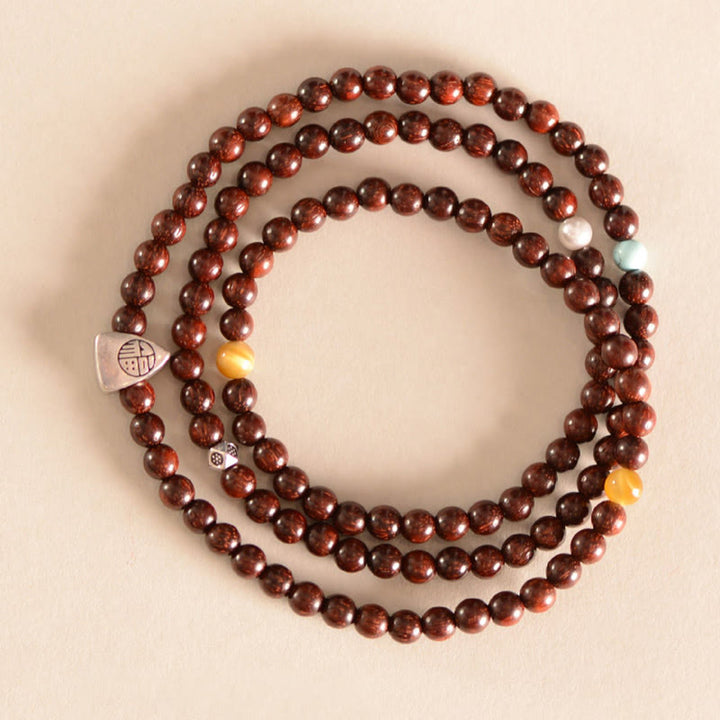 Buddha Stones, 925er-Sterlingsilber, indisches kleines Blatt, rotes Sandelholz, Fu-Charakterschutz, dreifach gewickeltes Armband