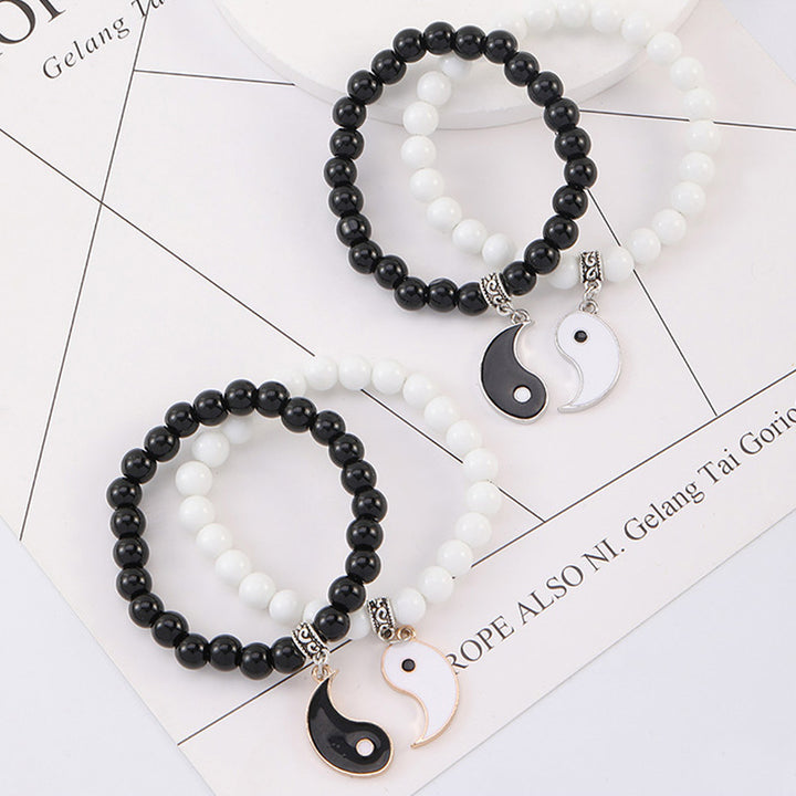 Buddha Stones 2-teiliges schwarzes Onyx- Weiß Türkis-Perlen-Yin-Yang-Schutz-Paar-Armband