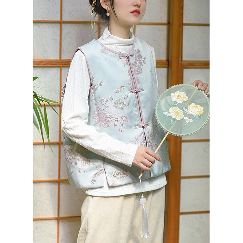 Buddha Stones Kranich Blumen Gras Stickerei Kleidung Chinesische Weste Damen Kleidung