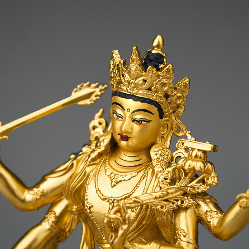 Vierarmige Manjusri Bodhisattva-Goldfigur, Mitgefühl, Gelassenheit, Kupferstatue, Heimdekoration