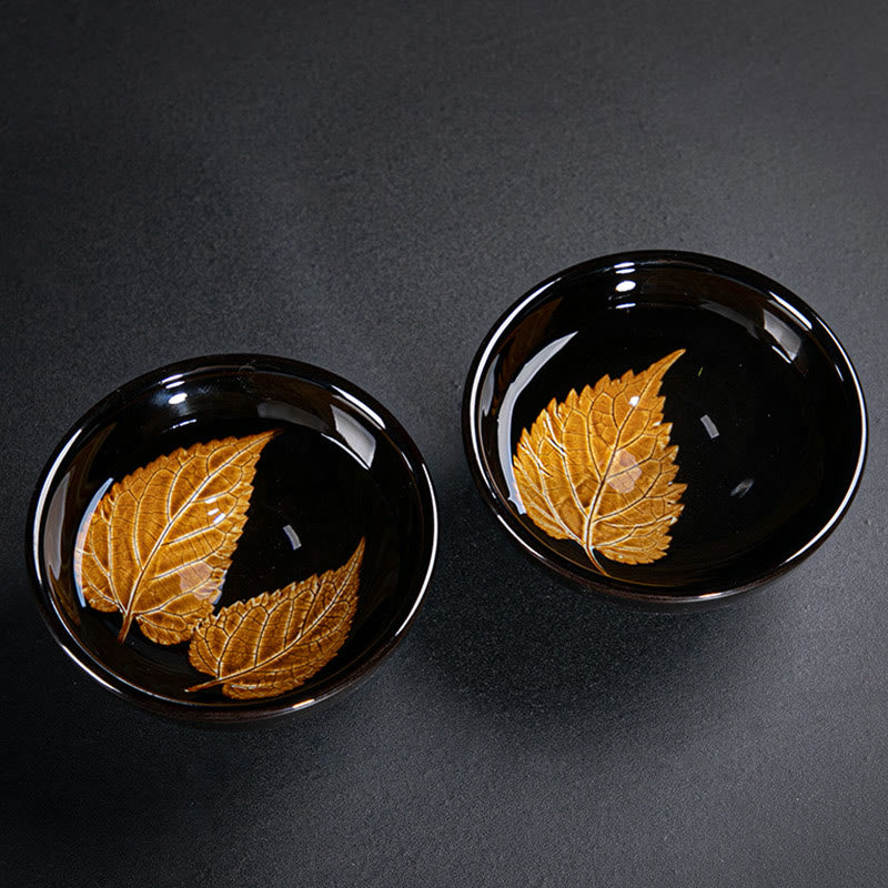 Buddha Stones Gold Maple Leaf Chinesische Jianzhan Keramik Teetasse Tenmoku Kung Fu Teetasse Schüssel