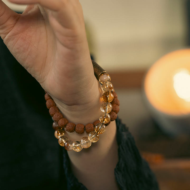 Buddha Stones Natürliches Citrin-Kristall-Rudraksha-Bodhi-Samen-Messingperlen-Wohlstands-Doppelwickelarmband