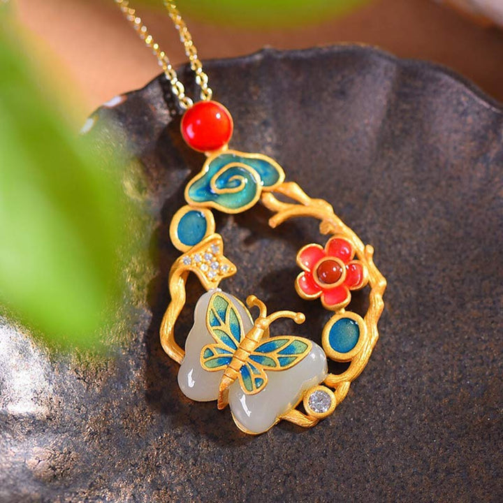 Weiß Jade-Blumen-Schmetterling-Glück-Halsketten-Anhänger