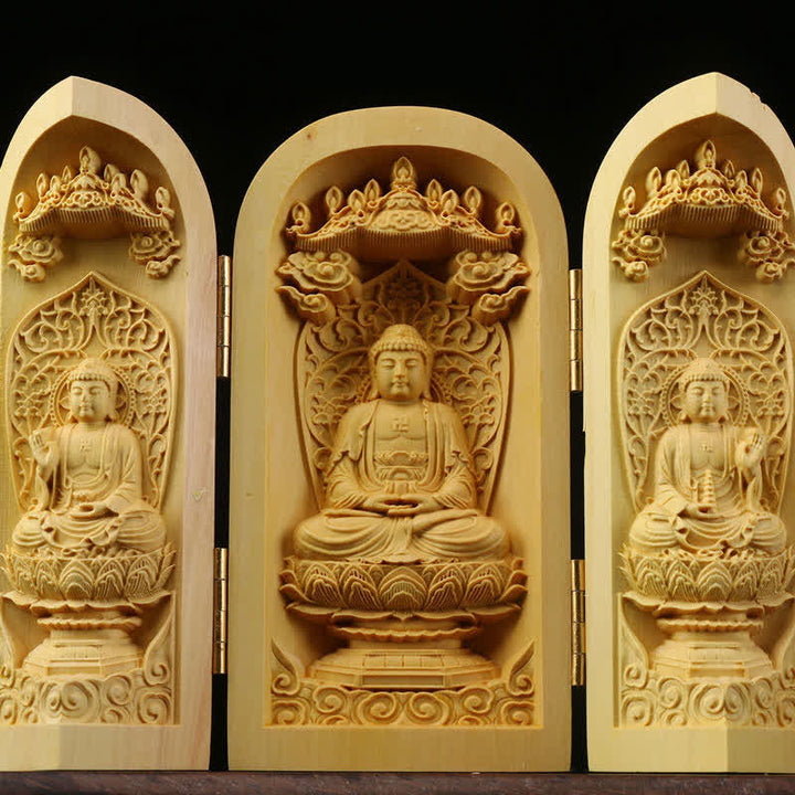 Handgeschnitzter tragbarer Buddha-Buchsbaum-Serenity-Home-Deko-Altar