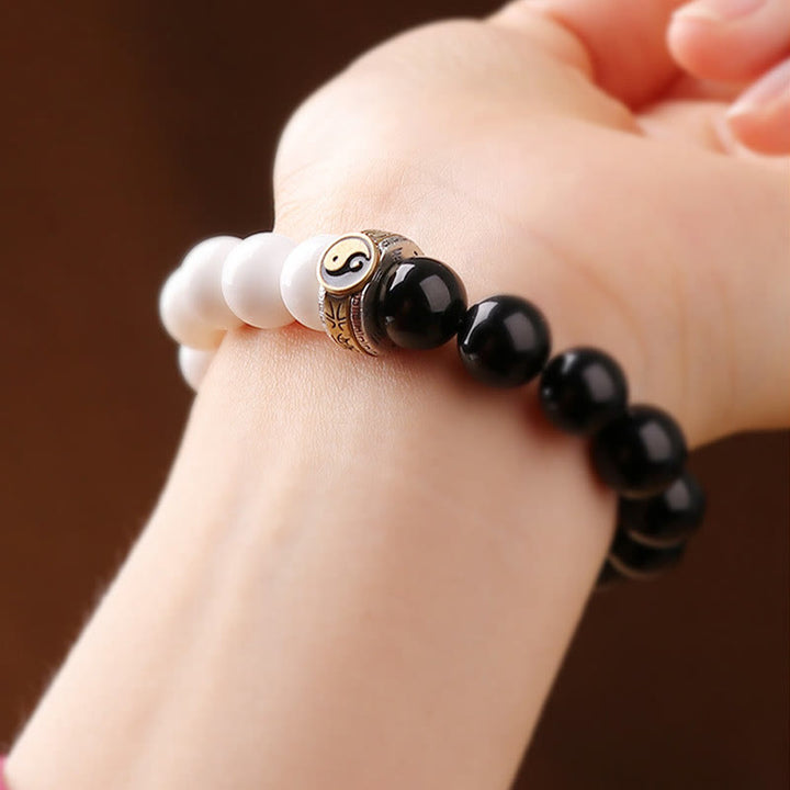 Armband mit Buddha Stonesn, 925er-Sterlingsilber, schwarzer Obsidian, Weiß Muschel, Yin-Yang-Stärke