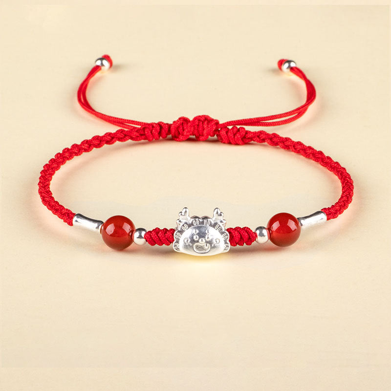 Buddha Stones 999 Sterling Silber Jahr des Drachen Fu Charakter Knödel Roter Achat Glück handgefertigtes Armband