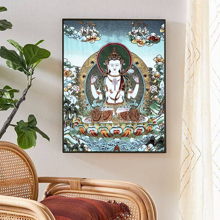 Buddha Stones, tibetische Seidenstickerei, Weiß Tara-Thangka-Wandteppich, Wandbehang, Wandkunst, Meditation für Heimdekoration