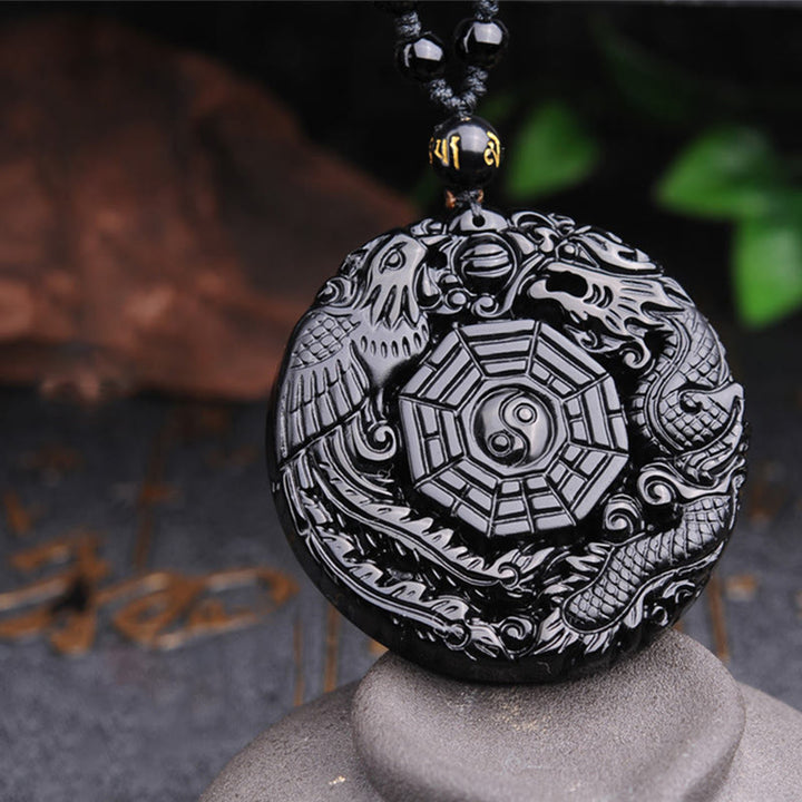 Buddha Stones Bagua Dragon Phoenix Obsidian Erfüllung Anhänger Halskette